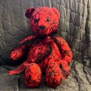Red Floral Teddy Bear with Ribbon